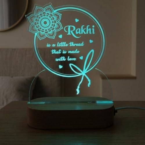 Image of Rakhi Quote LED Table Lamp - Multicolor Acrylic Night Light with Raksha Bandhan Design - Festival Gift for Brother & Sister