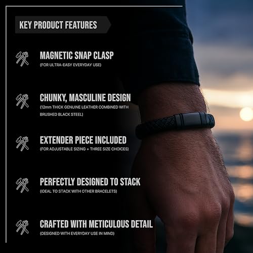Forge & Foundry Men's Adjustable Black Leather Bracelet | Genuine Woven Leather with Stainless Steel Snap Clasp | Design-Led, Artisan Jewellery from London | Single Strand, Brushed Black Clasp [Navarro]3
