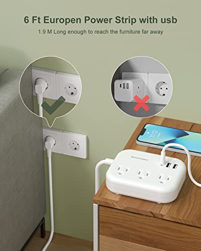 Adaptador de Enchufe Europeo, Multitoma Internacional ROOTOMA 1.83 m, 3 Salidas Americanas, 3 Cargadores USB, Adaptador US a Europa, Blanco miniatura 6