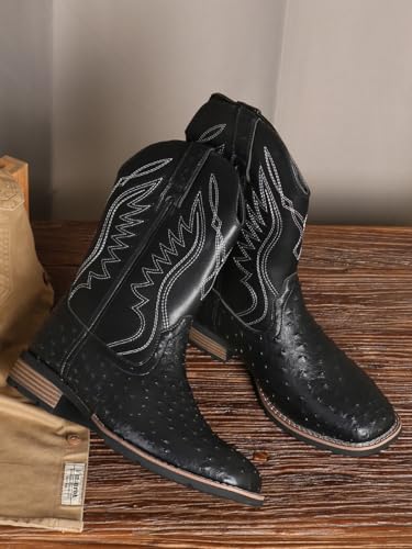 Men's raised ostrich square casual boots, Western cowboy Classic embroidered square calf boots3