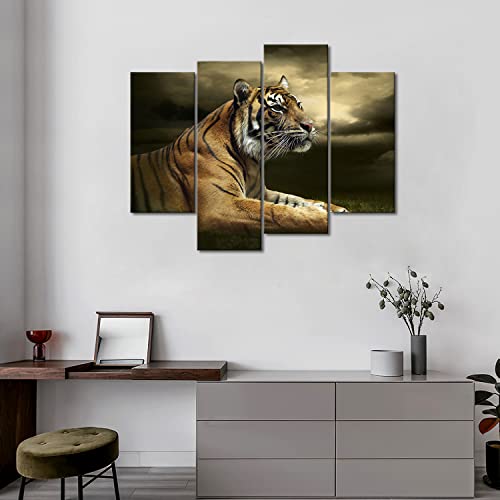 4 Panel Wall Art Tiger Looking And Sitting Under Dramatic Sky With Clouds Painting Pictures Print On Canvas Animal The Picture For Home Modern Decoration Piece Stretched By Wooden Frame,Ready To Hang #TOP2