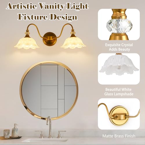 Image of Vintage Bathroom Vanity Light, 2-Light Matte Brass Finish Vanity Light with Floral White Glass Shades, Retro Wall Sconce for Bathroom, Dressing Table