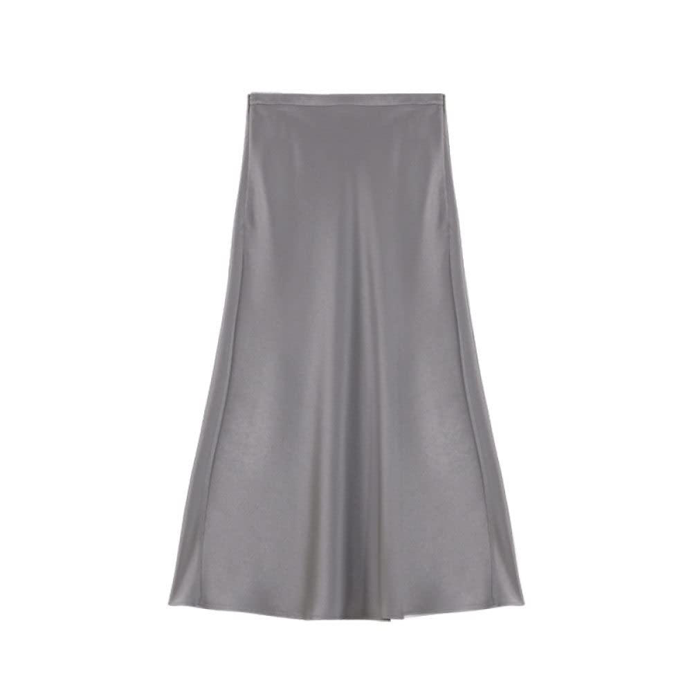 OZEO Röcke Damen,Eleganter Midirock Aus Satin Für Damen, Graublau, Hohe Taille, Faltenrock In A-Linie, Mit Reißverschluss, Sommer, Leicht, Gerafft, Einfach, Lange Röcke Für Mädchen, Damen, Xs