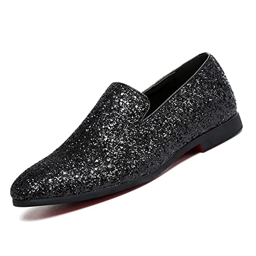 Men Smoking Sequins Slip-On Oxfords Loafers,Fashion Pointed Casual Glitter Tuxedo Suit Dress Prom Shoes
