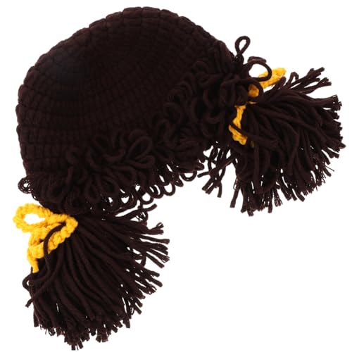 Winter Hat Knitted Woolen Yarn Beanie with Wig Design Cute Knit Hat for Boys for Daily Wear and Photos Years Coffee