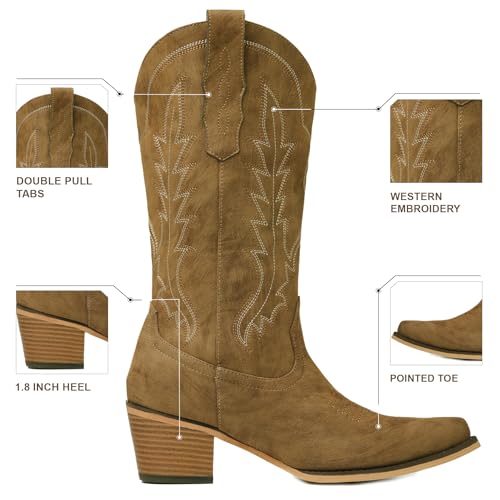 Image of Cowboy Boots for Women, Chunky Heel Western Boot | Mid-calf cowgirl boots with all-day comfort, ideal for daily outfits, country music festivals and western themed occasions