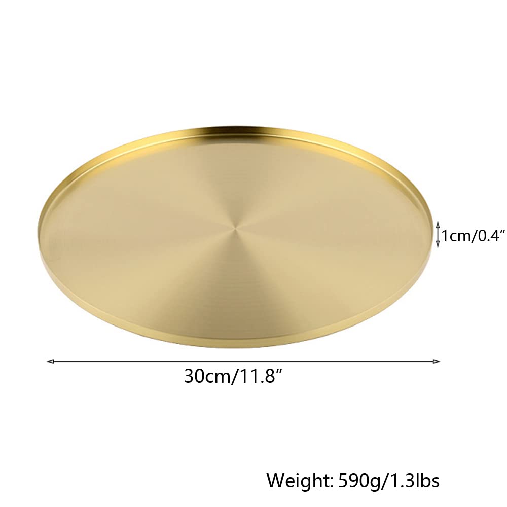 12 Inch Light Gold Round Metal Decorative Tray, Mirror Finish Golden Serving Tray Platter with 0.5 Inch Curved Lip, Shallow Brass Circle Table Décor Tray for Dessert, Vanity, Jewelry, Exxacttorch