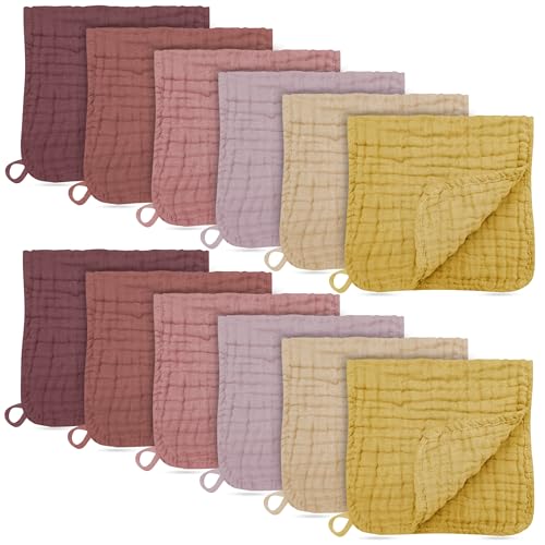Image of BAMBOO QUEEN 12 Pack Muslin Burp Cloths - Large 20" x 10", Ultra Absorbent 100% Cotton for Baby Drool and Messes - Soft, Gentle Baby Burp Rag for Boys & Girls -Brown, Honey, Bean Paste Series