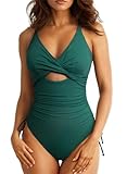 Aleumdr Women's Ribbed One Piece Swimsuit Tummy Control Bathing Suit Cheeky V Neck High Cut Cross Back Swimwear Vintage Green Large