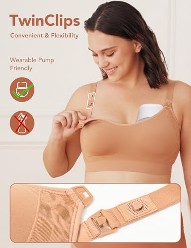 HOFISH Nursing Bra for Breastfeeding with Fixed Pad, TwinClips Wearable Pump Bra, Adjustable Comfort Maternity Bra for Pregnancy, Darkblue+Brown, M