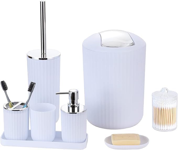 Dovakiss 8 Pcs Bathroom Accessory Set, White Plastic Gift Set with Toothbrush Holder,Mouthwash Cup,Soap Dish,Soap Dispenser,Toilet Brush,Trash Can,Cotton Swab jar,Tray