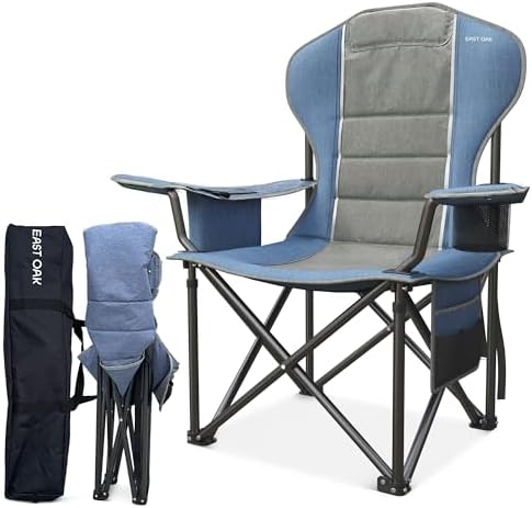 Fully Padded Camping Chair, Heavy Duty Quad Fold Arm Chair Support 350 Lbs With Cup Holder, Blue