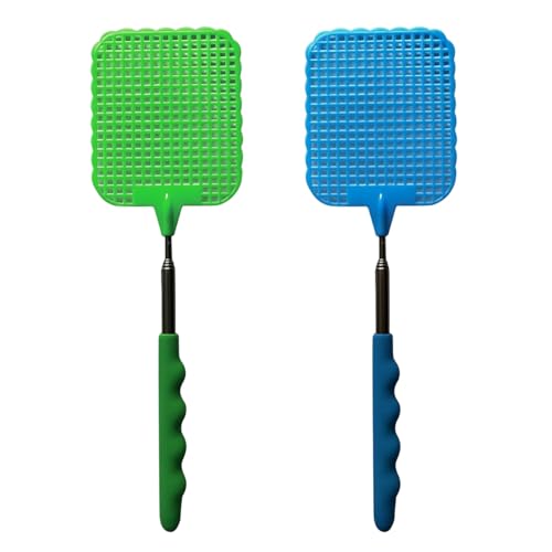 2 Piezas Matamoscas Extensible, Portátil Mango Telescópico Control Manual de Plagas Uso Diario para Controlar Moscas, Mosquitos, Avispas, Plagas-Azul/Verde