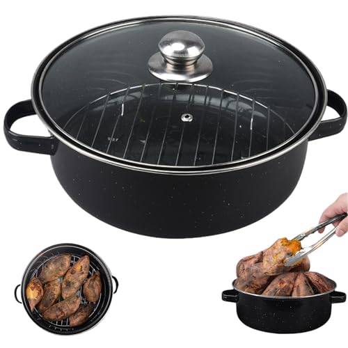 Roaster Pan 11-Inch Enameled Roasting Pan with Lid Non Stick Black Roaster Pan with Glass Lid and Double-Handle for Sweet Potatoes Turkey Chicken Meat, Roasting Pan with Lid