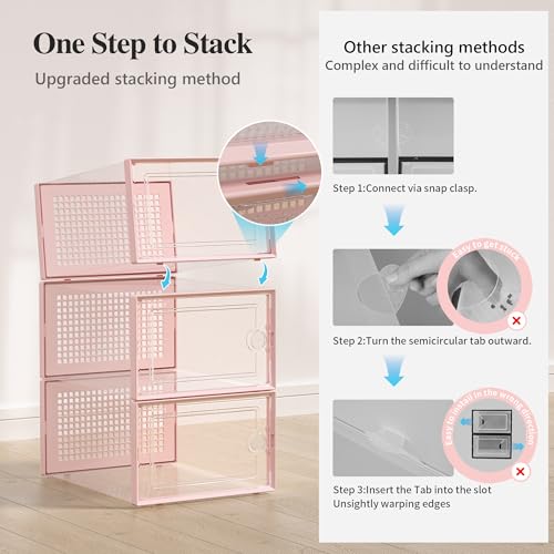 Image of Kuject X-Large Shoe Storage Boxes Organizers Clear Plastic Stackable 12 Pack, Shoe Rack & Holder Substitute, Sneaker Containers, Toy Storage Organizer Bins for Entryway, Closet, Under Bed, Pink