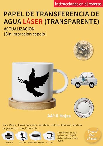 TransOurDream-Papel de calcomanía Tru-Waterslide Laser Claro10 hojas A4 Papel de transferencia de agua,imprimible para impresora láser, papel transparentes para tazas,modelos,cerámica etc.