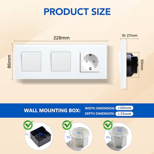 BSSED Doppel Lichtschalter mit Steckdose 1 Fach 1 Weg,10A Kristall Glas Platte Wandschalter mit 16A Schuko Steckdose Wei&szlig;, Physische Taste Schalter mit Steckdose- 228mm