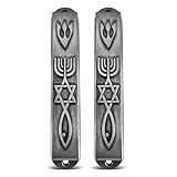 Set of 2 Pewter Mezuzah with Scroll for Door 3D Messianic Seal Mezuzah Case Star of David Jerusalem Menorah Israel Art Judaica Gift 3.5 inch (2)