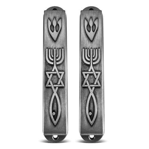 Set of 2 Pewter Mezuzah with Scroll for Door 3D Messianic Seal Mezuzah Case Star of David Jerusalem Menorah Israel Art Judaica Gift 3.5 inch (2)