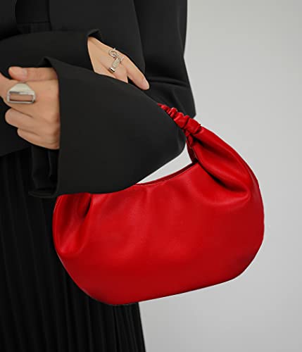 Pettata Chic Top Handle Bag For Women Small Ruched Hobo Handbag Red Soft Faux Leather Tote Bags Purse #TOP2