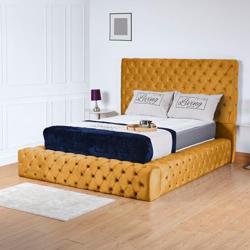 LivingComfort Bedz Luxury Ambassador Upholstered Bed Frame | Plush Velvet Chesterfield Design Headboard & Footboard (Mustard, 4FT Small Double No Storage Slat Base No Mattress)
