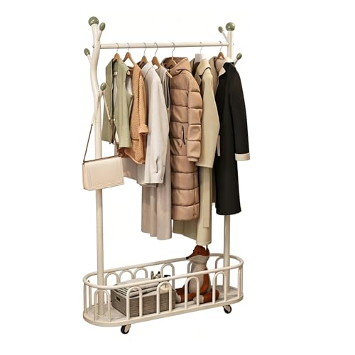 ZzERTE Perchero Con Ruedas,Perchero De Ropa Metalico Con Barra Doble Y Cesta Inferior,Organizador De Ropa Portátil Para Dormitorio,Sala De Estar,Armario(White,100cm/39.4in)