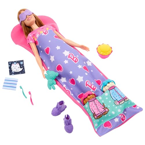 Barbie-Puppe und Spielset mit 2 Spielzeughunden und mehr als 10 Zubehörteilen, Welpen-Pyjama-Party mit Farbwechseleffekt, Schlafsack, Schlafmaske und mehr, HXN01