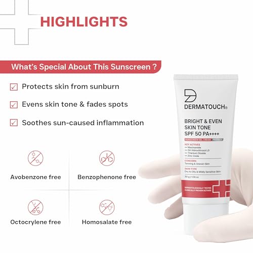Image of DERMATOUCH Bright & Even Skin Tone SPF 50 PA++++ Sunscreen Gel Cream For Tanning, Uneven Skin Tone & Sun Protection | Suitable For Dry to Oily & Mildly Sensitive Skin | 30g