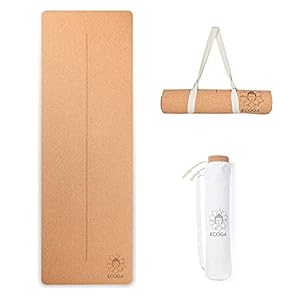 Premium Cork Yoga Mat With Alignment Marks – 5mm Thick Hot Yoga Mat Non Slip with Natural Rubber Base – Eco-friendly Non Toxic Yoga Mat for Gym & Stretching – Includes Yoga Mat Strap and Bag