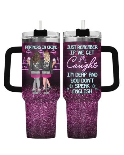 34HD Partners in Crime Tumbler with Handle and Straw 40oz Stainless Steel Bestie Drinking Cup BFF Coffee Mug Best Friends Gifts for Birthday Christmas Funny Friends Gift Ideas for Women