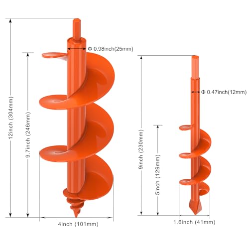 Insaga 2Pack Auger Drill Bit for Post Hole Digger, Spiral Garden Earth Auger Bulb Drill Bit for Planting 1.6 x 9'' and 4 x 12'', Hole Digger for Fence Posts,Flowers Plants, Fits 3/8" Hex Drive Drill - Image 6