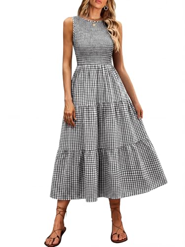 ANRABESS Women's Summer Casual Maxi Dress Sleeveless Crewneck Smocked 2026 Flowy Plaid Tiered Boho A Line Beach Long Sundress Black Plaid Large