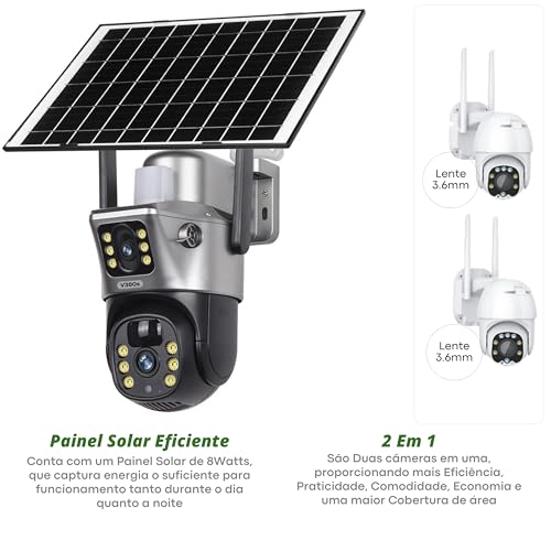 Câmera Solar V380s com Duas Telas, Duas Lentes, Bateria Interna, CCTV, Detecção de Movimento Humano,