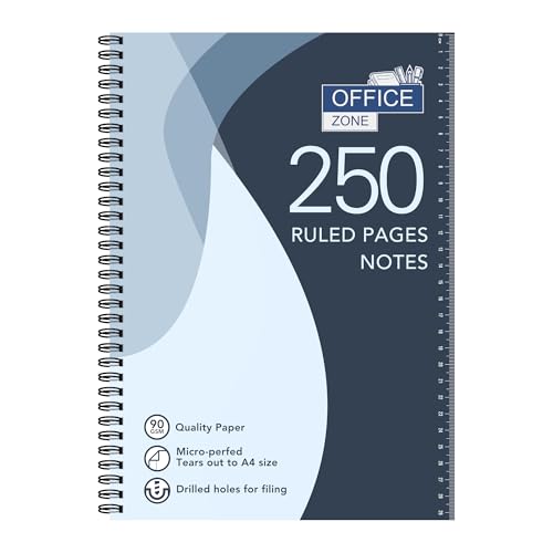 Office Zone 250 Ruled Pages Notebook | Premium 90gsm Quality Paper | Micro-Perforated Tear-Out Sheets to A4 Size | Drilled Holes for Filing | Integrated Ruler Scale on Front Cover
