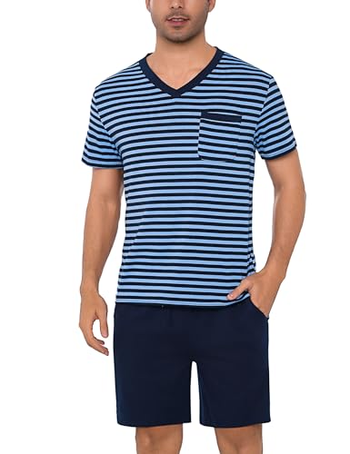Litherday Schlafanzug Herren Kurz Baumwolle Shorty Pyjamas Set Sommer V-Ausschnitt T-Shirt und Shorty Schlafanzughose Zweiteiliger Nachtwäsche Set für Männer