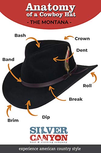 Men's Outback Wool Cowboy Hat Montana Black Crushable Western Felt by Silver Canyon, Black, Small - Thumbnail 4
