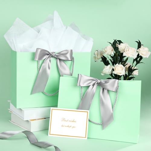 Image of JMANNI Gift Bags with Handles, 13 inch Medium Gift Bag for Presents, 1 Pcs Bags with 2 Tissue Paper and 1 Cards for Baby Shower Wedding Bridal Shower Mother's Day Birthday Party (Green)