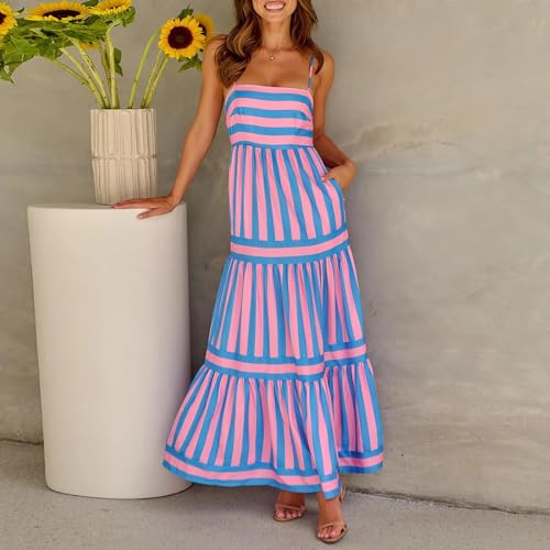 Image of Yuemengxuan Boho Maxi Dresses for Women Spaghetti Strap Flowy Smocked Long Dress Casual Summer Vacation Beach Maxi Dress