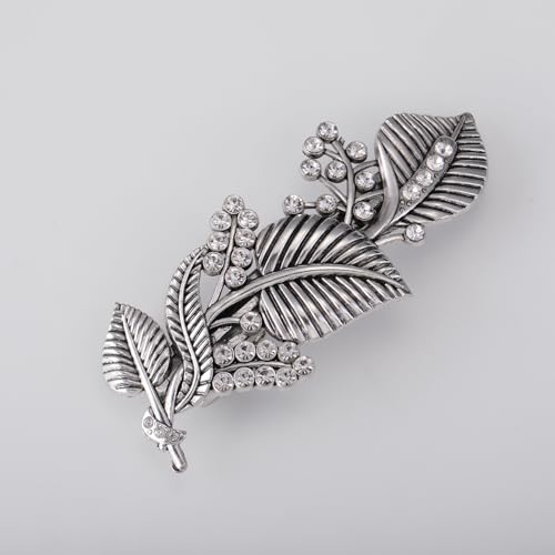 Dreamtimes Oak Leaf Hair Clip Zircon Round Hand Cast Metal Barrette Large Hand Crafted Barrette French Hair Clip Vintage Protection Hair Clip Barrettes Gift for Women Girl (SILVER) - Image 4