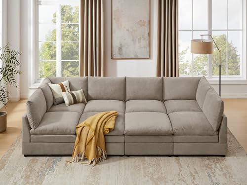 VANOMi 127\" Cloud Modular Sectional Sofa Couches for Living Room, Oversized Modern Sleeper Sofa with Deep Seat Double-Layer Thick Cushion Movable Ottoman, Convertible Upholstered Sofa Set, Taupe