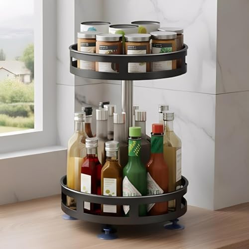 JD FRESH 2-Tier 360° Rotating Spice Rack Organiser/Multifunctional Spice Rack/Table Top Storage Rack/Non-Slip Spice Hold...