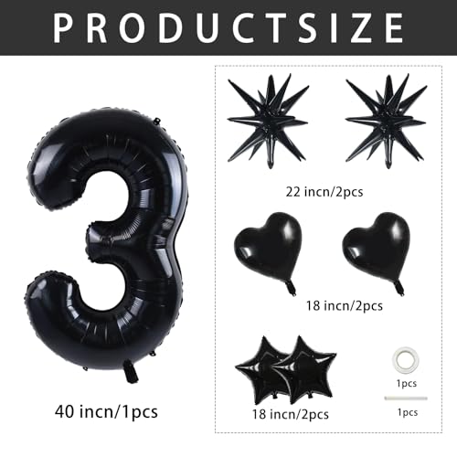 Image of TONIFUL 3rd Birthday Balloons Kit 40 Inch Black Large Number 3 Foil Balloon