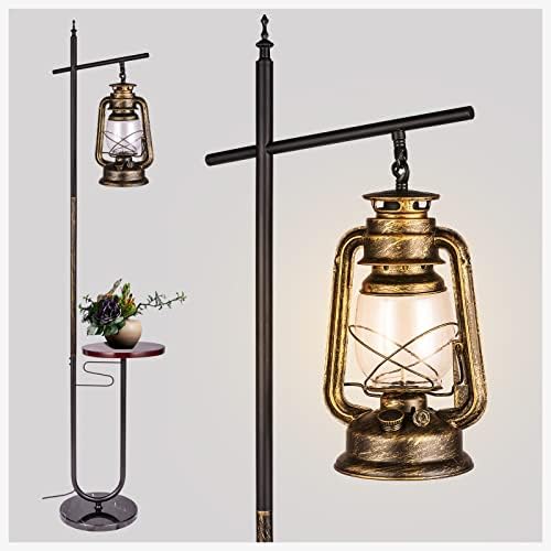Vintage Floor Lamp With Table,Classical Lantern Standing Lamp, Rustic Farmhouse Nightstand Floor Lamp,Hanging Arc Floor Lamp With Bronze Gold Finish,For Living Room,Bedroom,Reading Room(Bronze)
