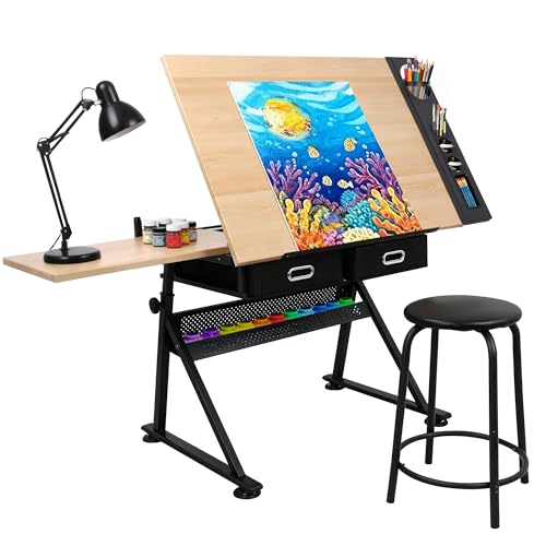 JupiterForce Drafting Table Art Desk with 2 Storage Drawers, Height Adjustable Drawing Table for Painters, Working, Writing, Home Office, Natural