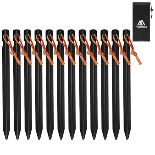 Flintronic Piquetas para Tienda de Campaña, Piquetas Camping Suelo Duro, 12 Estacas Fuertes de Aluminio Piquetas Playa con Cuerda Reflectante y Bolsa, Ideales para Jardín, Camping, Tiendas de Campaña