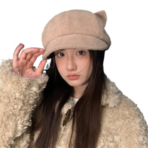 Casquette gavroche à oreilles de chat en peluche chaude pour femme