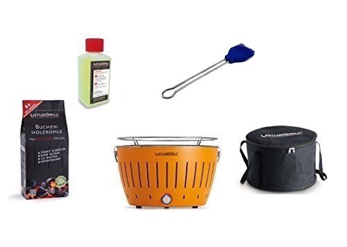 LotusGrill Barbecue Kit de démarrage 1 x Lotus Barbecue charbon de bois de hêtre Mandarine et Orange 1 x 1 kg, 1 x Pâte à combustible Bleu Outremer 200 ml, 1 x Pinceau, 1 x sac de transport