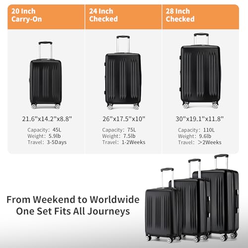 Image of Kono 3 Piece Expandable Luggage Set 20 /24 /28inch Suitcases for Long Travel | Lightweight PC+ABS hardshell suitcases set with TSA locks, 360 silent spinner wheels, expandable design, Black