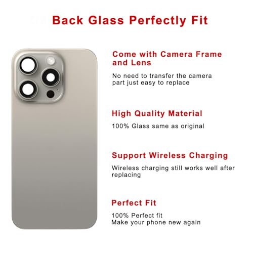 Perzework OEM Rear Back Glass Replacement for iPhone 15 Pro 6.1-inches with Reparing Tool Kit and All Necessary Parts (Natural Titanium) by Perzework - Image 3