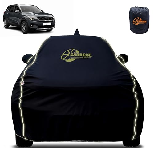Image of Reflector Waterproof Car Cover for Kia Seltos with Mirror & Antenna Pocket | All Weather Protection | Washable Fabric | Black Color
